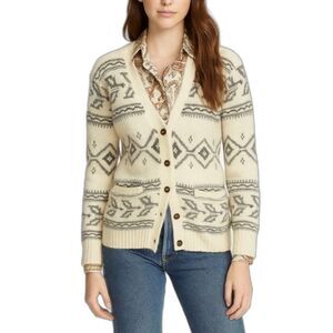 Polo Ralph Lauren Ivory Taupe Nordic Southwestern Wool V-Neck Cardigan Size L